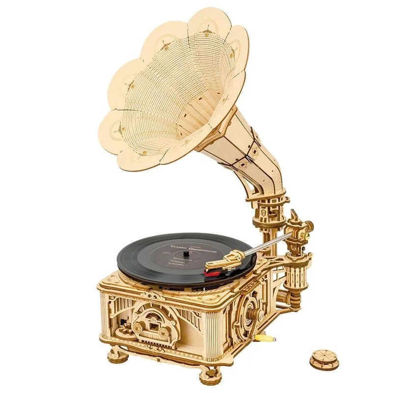 DIY Hand Crank Classic Gramophone Wooden Puzzle Model Kit