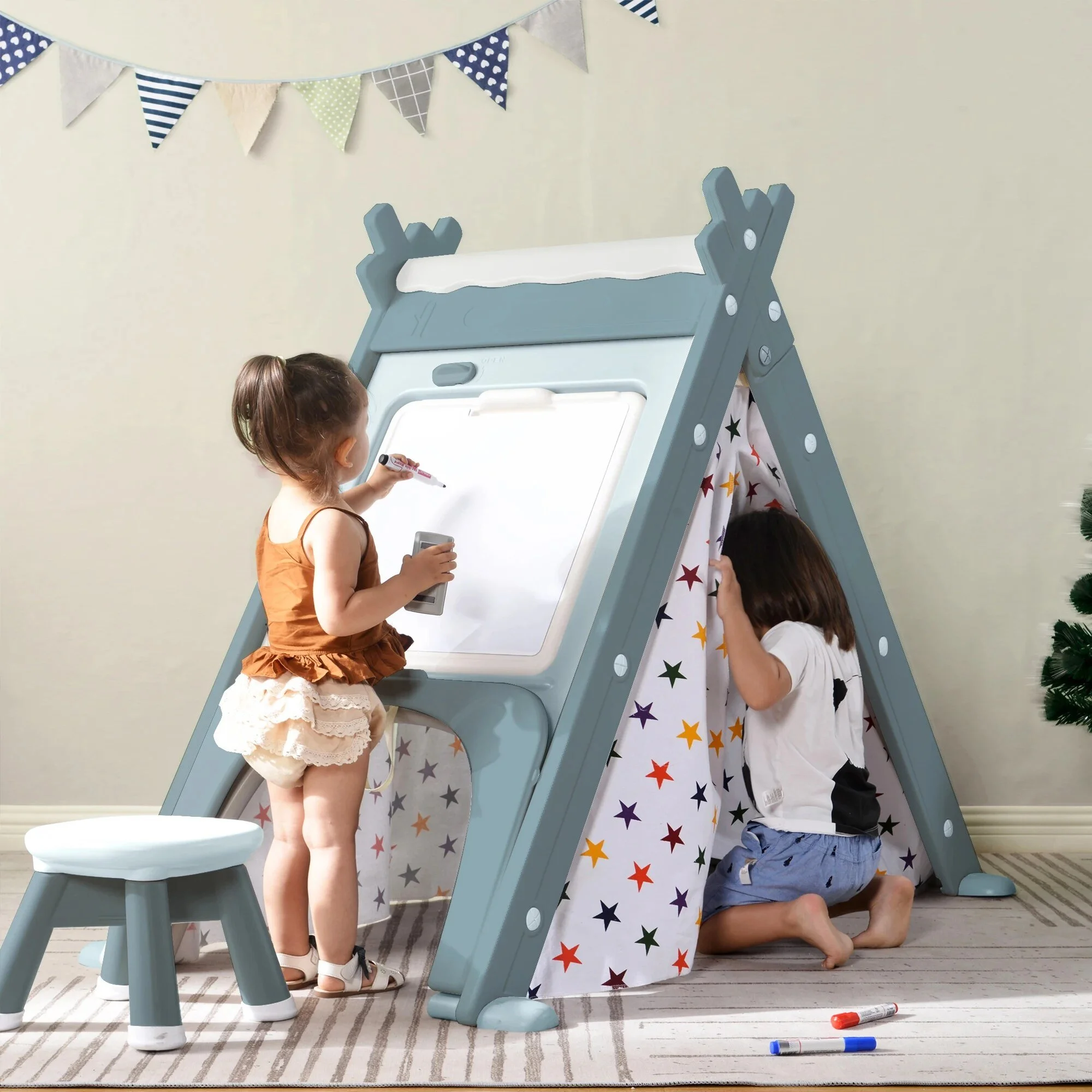 4-in-1 Adventure Kids Play Tent: Teepee, Climber & Stool