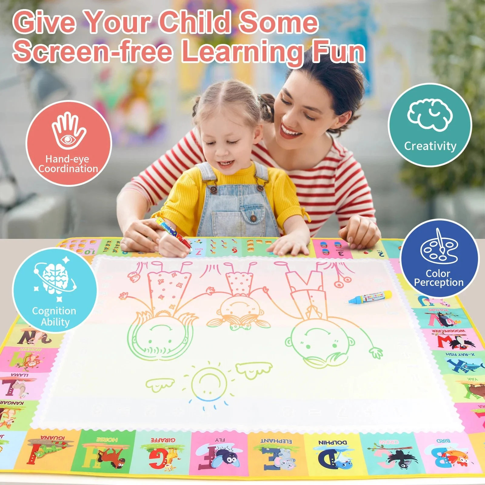 Magic Water Drawing Mat 39x31 inches with Reusable Pens