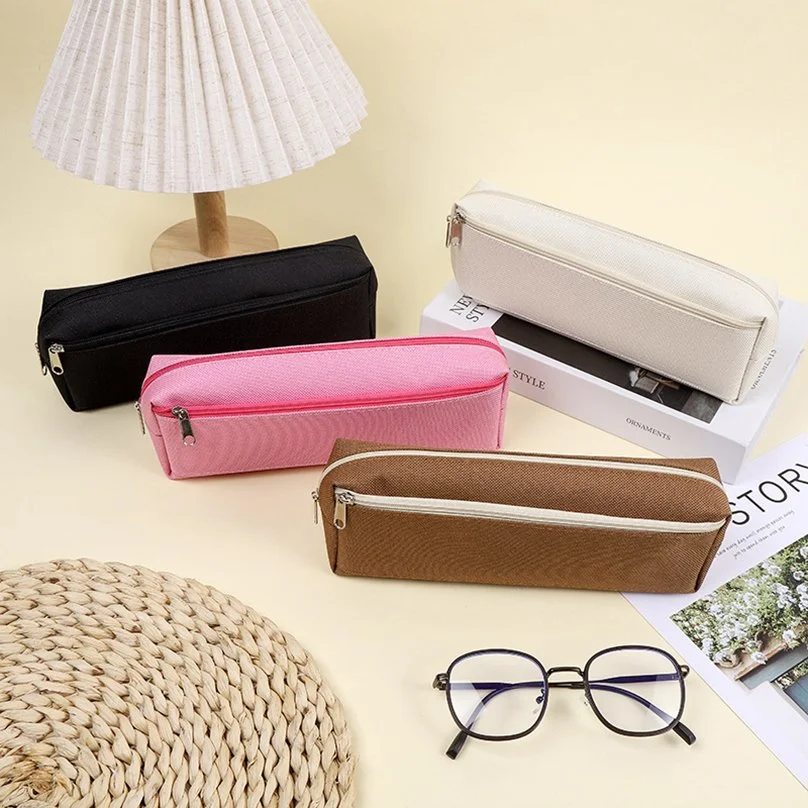 Simple Solid Color Double Zipper Pencil Case for School & Office Supplies