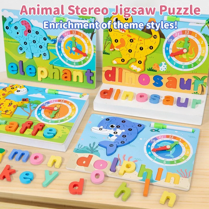 Montessori Wooden Animal Puzzle Drawing & Spelling Board