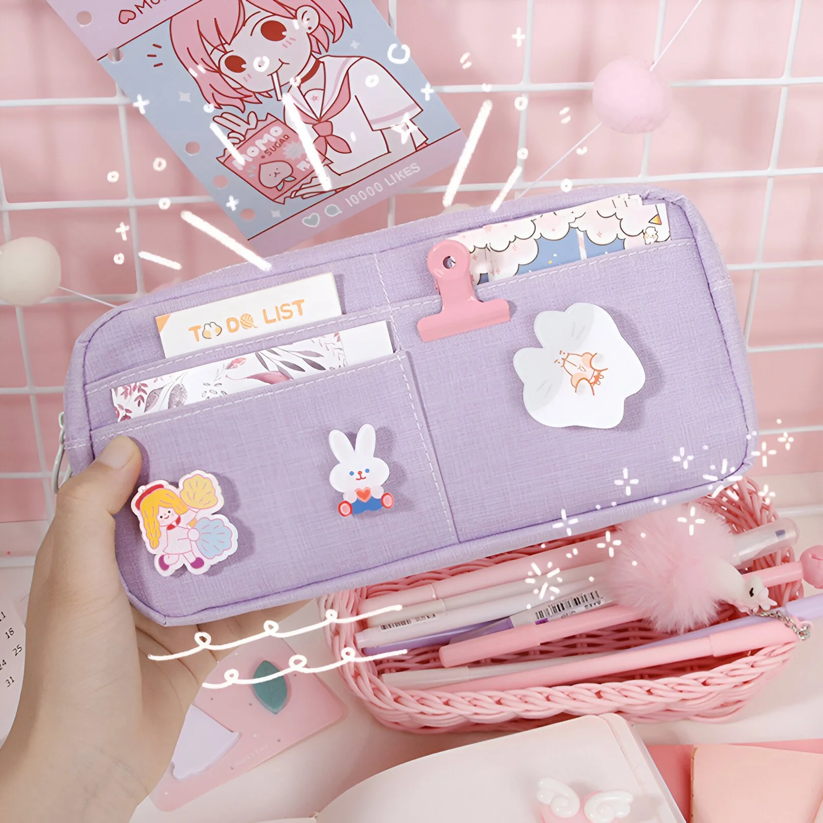 Cute Canvas Pencil Case with Random Brooch