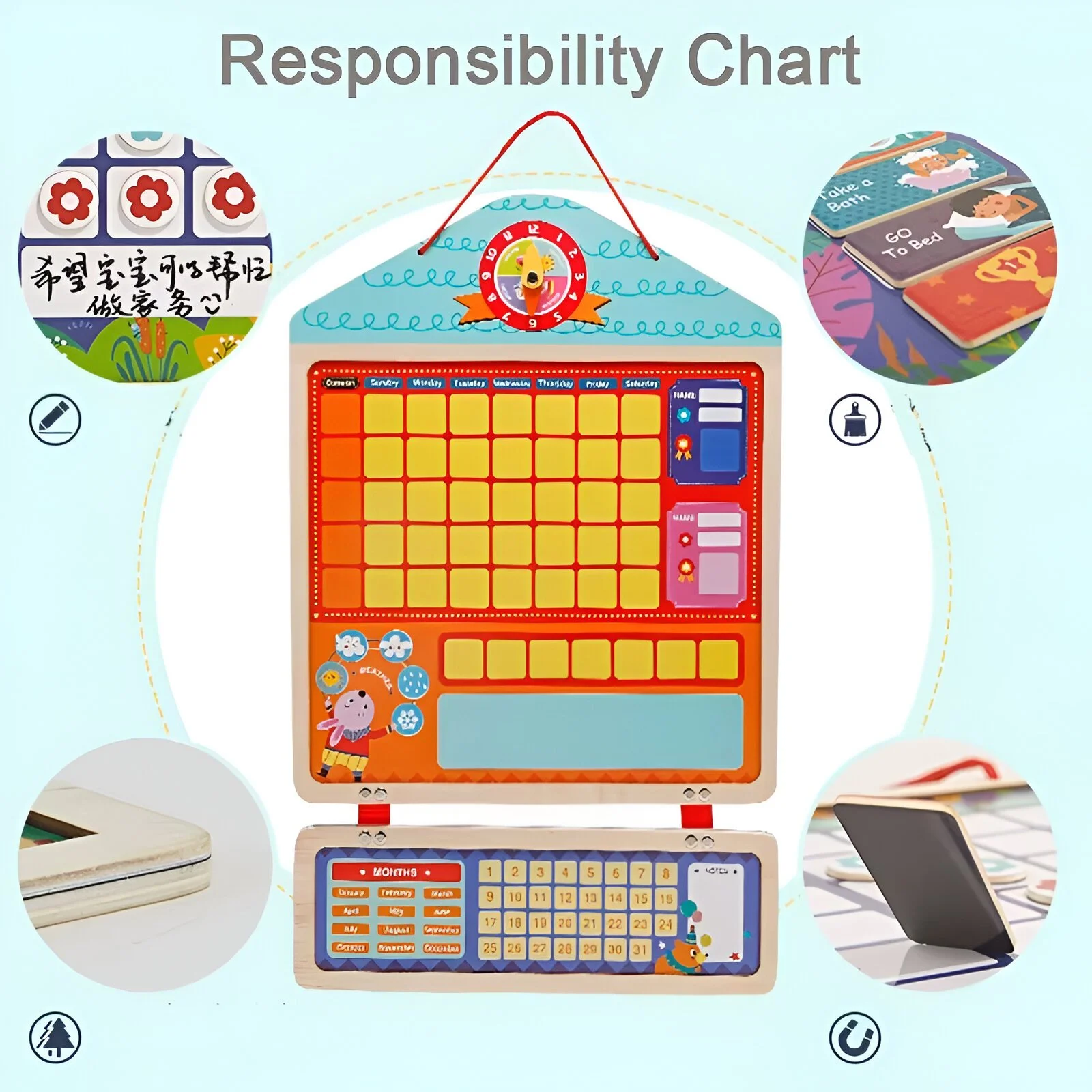 Wooden Magnetic Responsibility Chart – Kids’ Self-Discipline & Reward Calendar