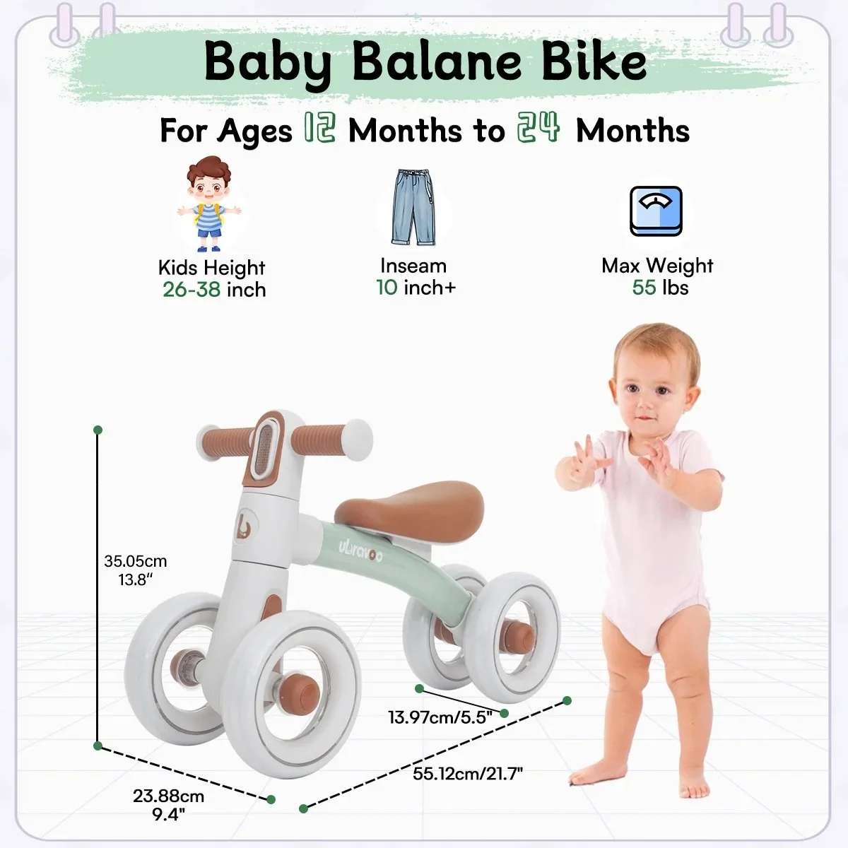 4-Wheel Toddler Balance Bike for 1-3 Year Old Boys & Girls