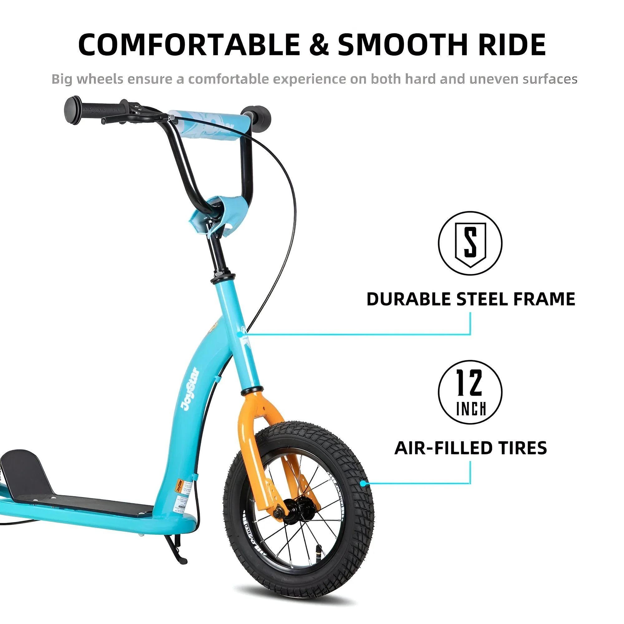 Kids Kick Scooter with Adjustable Handlebar, 12" Inflatable Wheels, Rear Drum Brakes