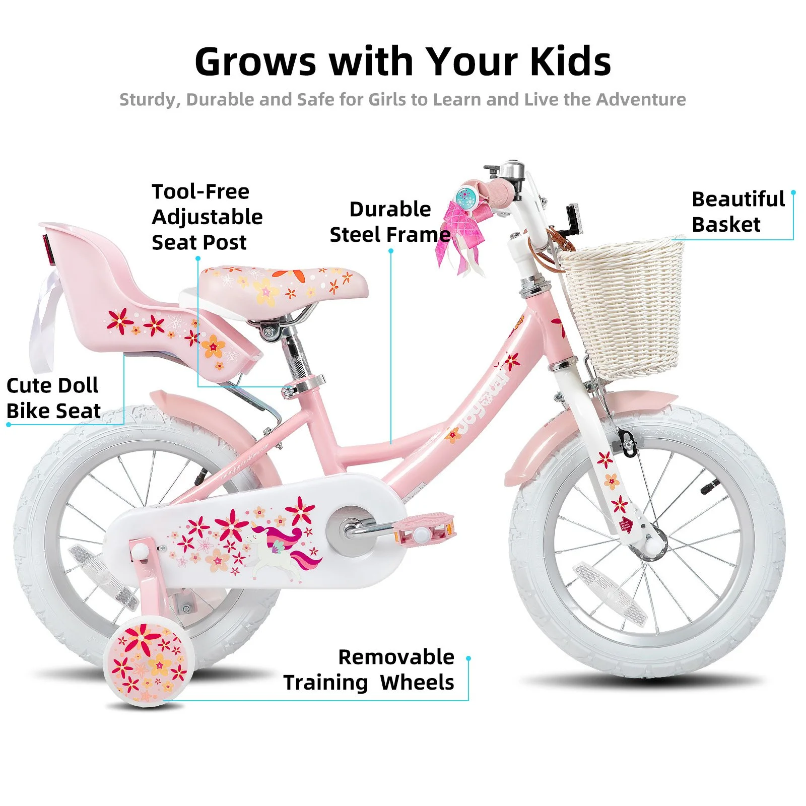 Unicorn Girls Bike with Training Wheels, Basket, Streamers, and Doll Seat for Kids Ages 2-9