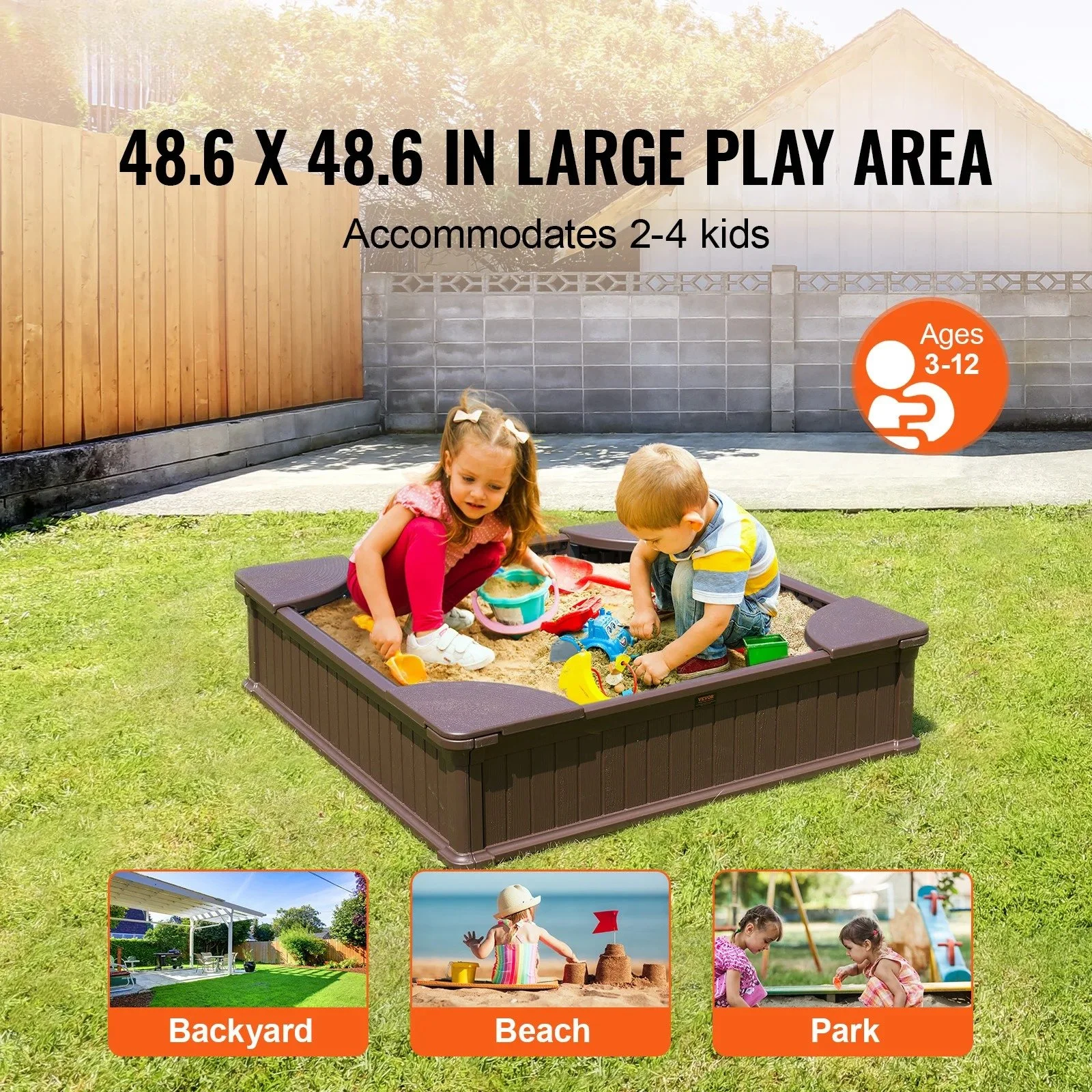 Kids Outdoor Sandbox with Cover and Corner Seats