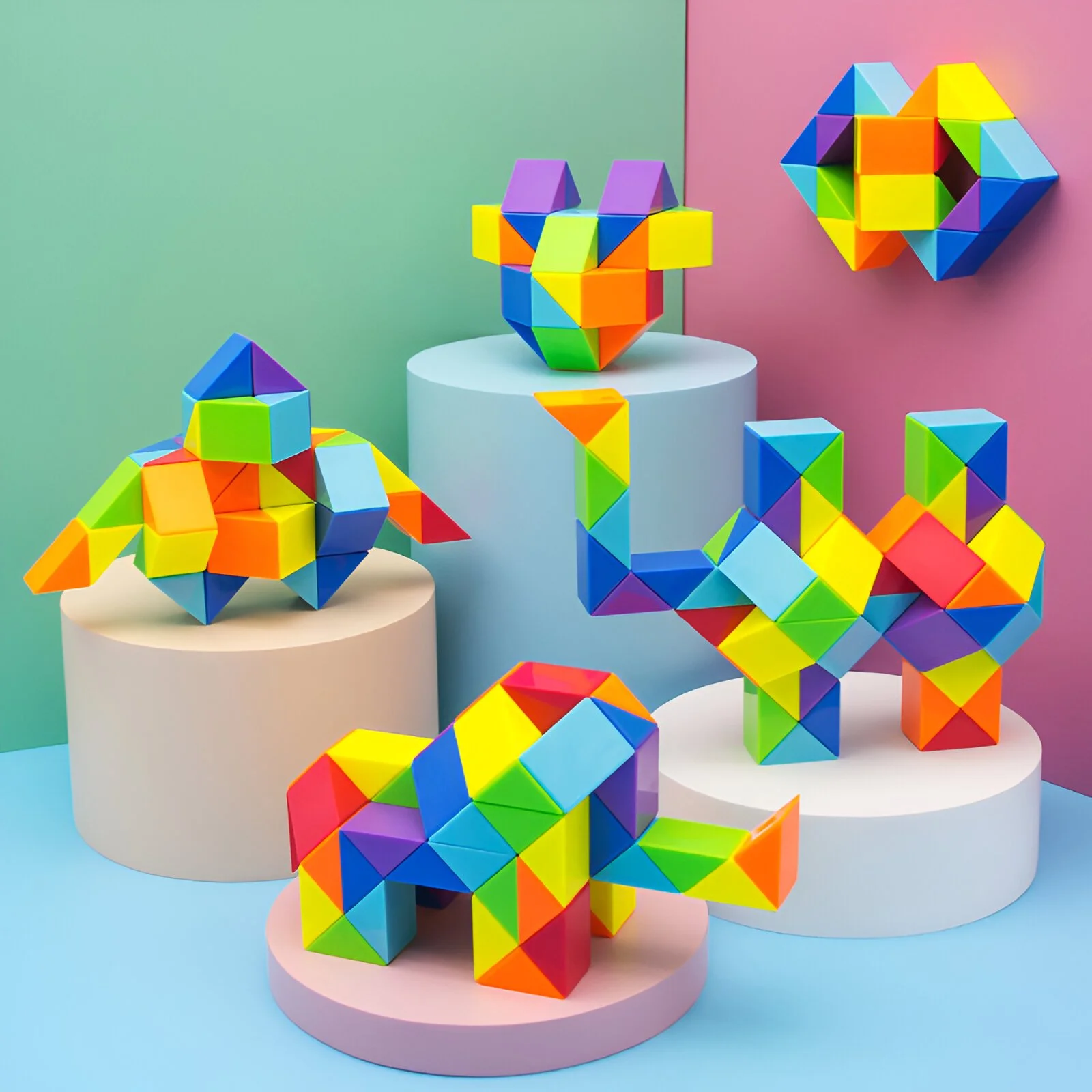 24PCS Transformable Magic Snake Cubes – Colorful 3D Puzzle Fidget Toy