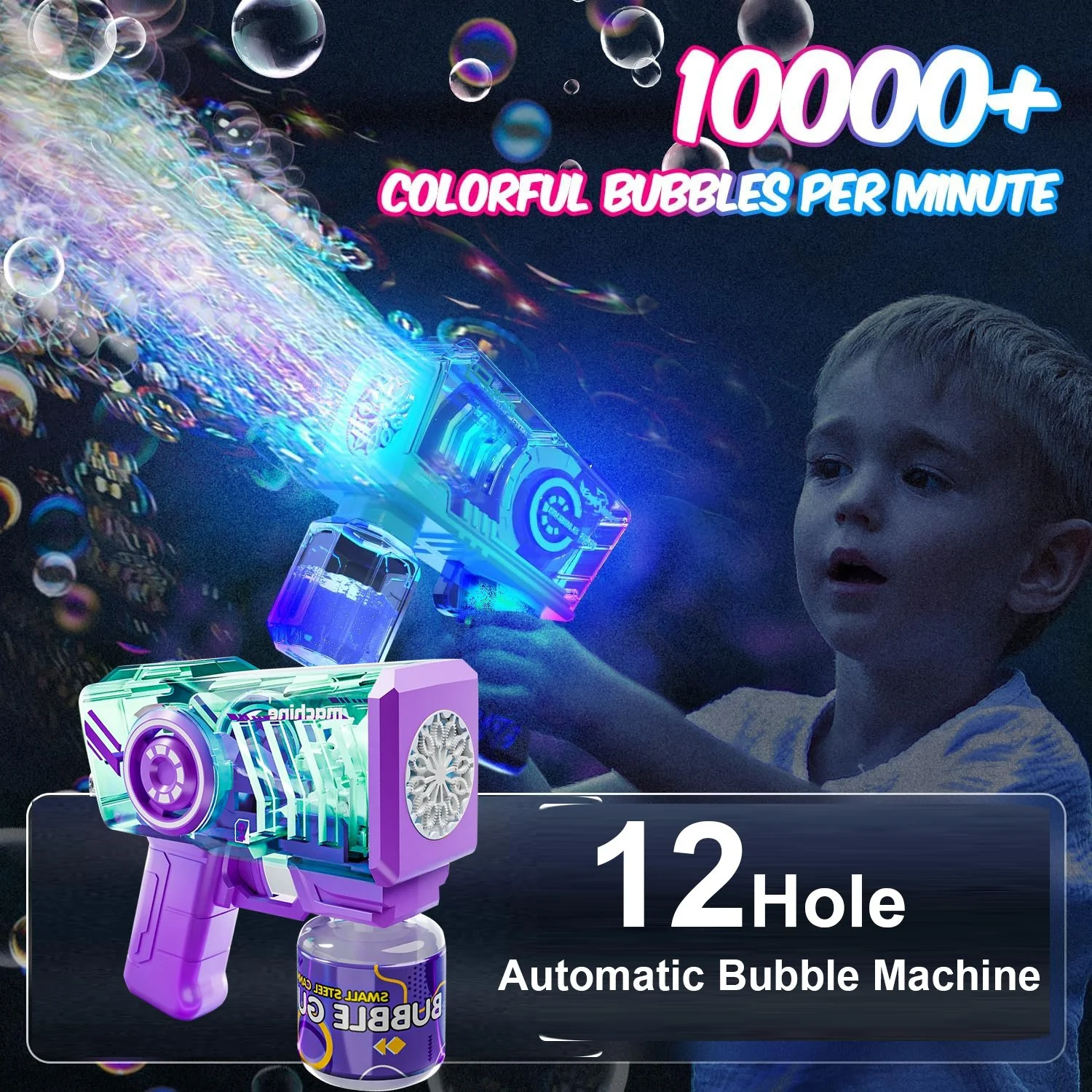 12-Hole LED Bubble Gun for Kids