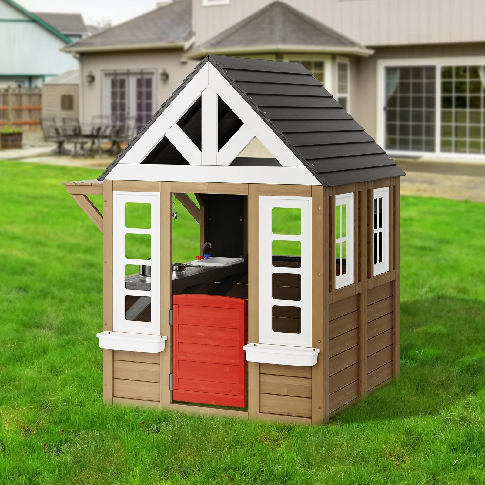 Outdoor Cedar Wooden Playhouse for Kids Ages 2-8
