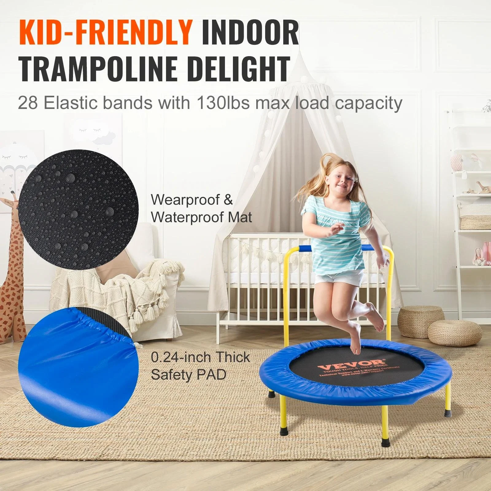 3FT Kids Trampoline Indoor Outdoor Foldable Exercise with Safety Handle