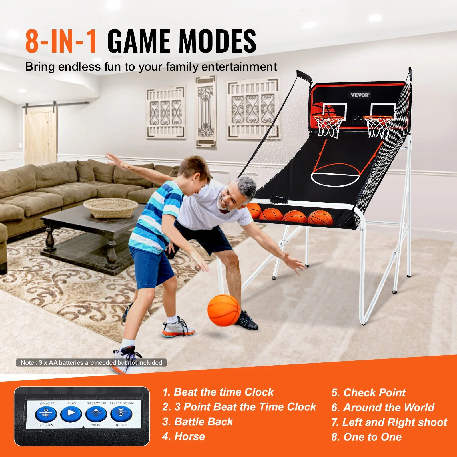 Foldable 2-Player Indoor Basketball Arcade Game with 8 Modes & Dual Hoops
