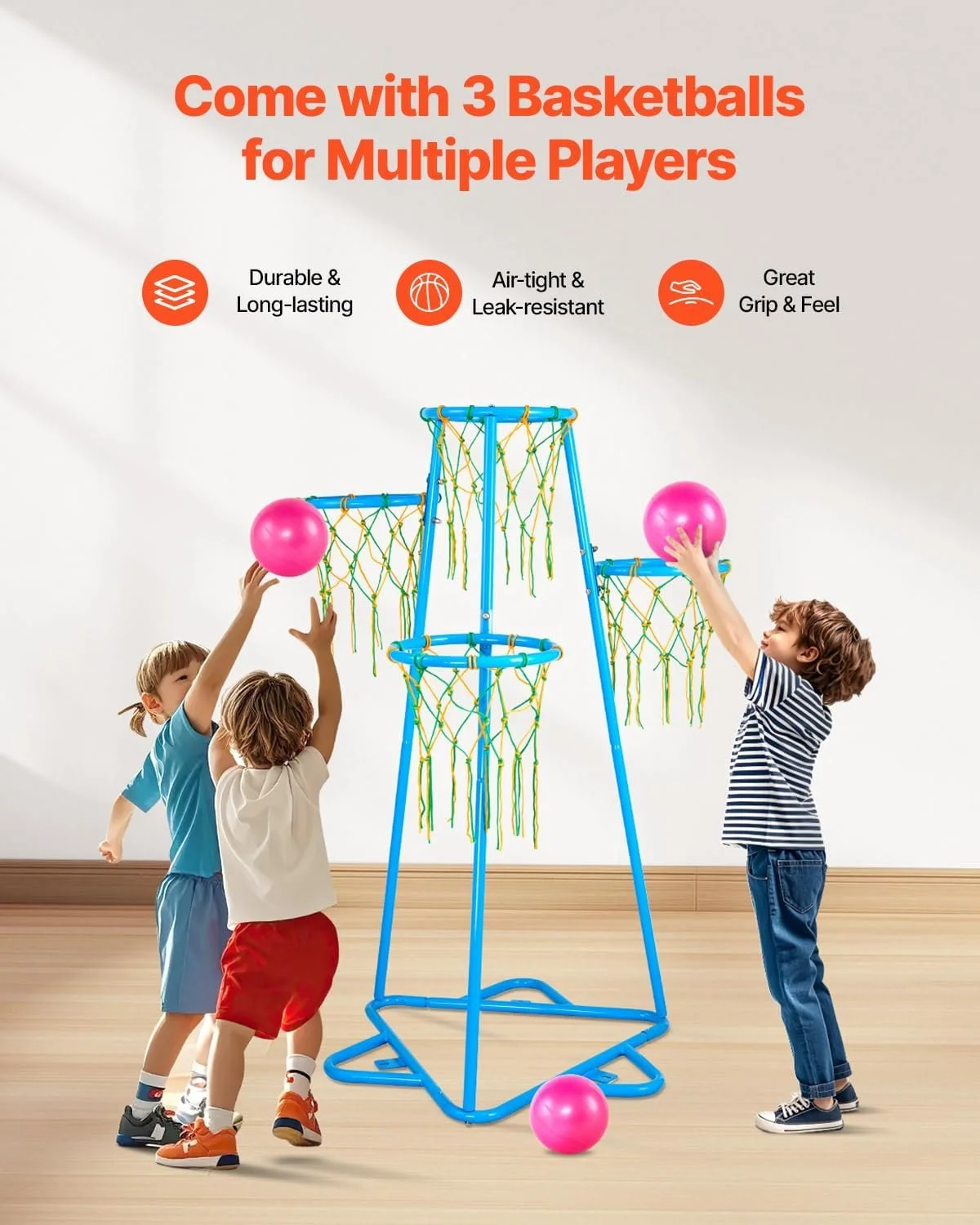 Adjustable Kids Basketball Hoop Set with 4 Heights & 3 Balls for Indoor Outdoor Play