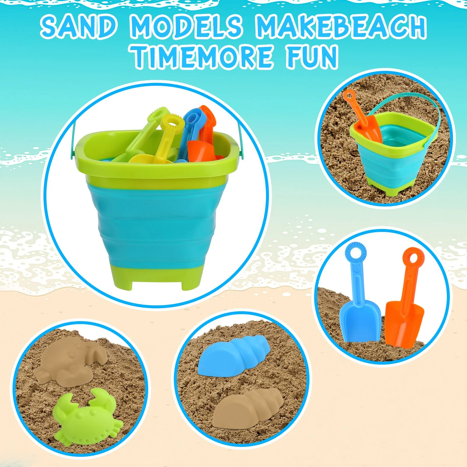 11pcs Kids Beach Sand Toys Set with Collapsible Buckets and Sand Molds