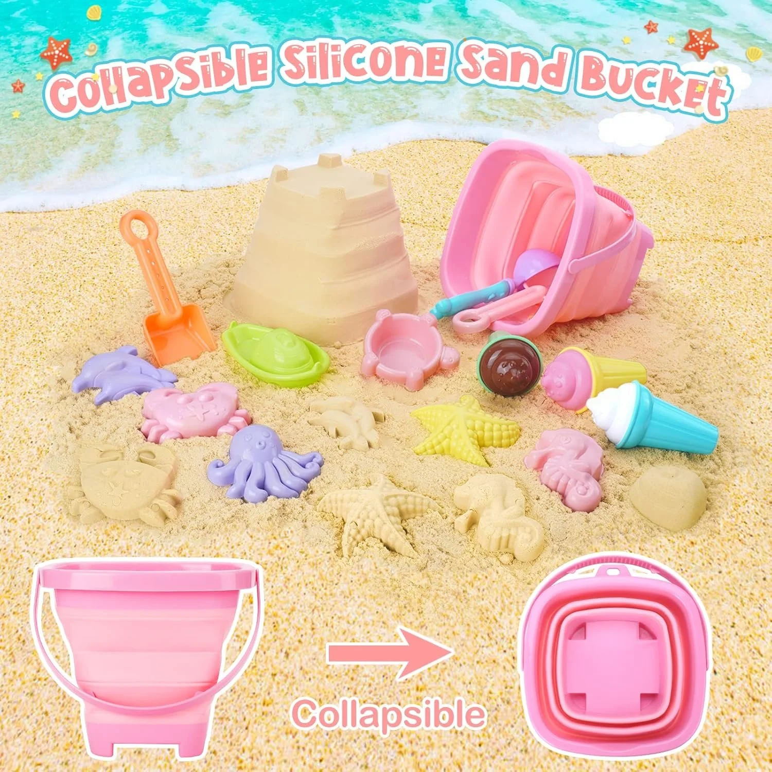 20pcs Kids Beach Toy Set with Collapsible Bucket, Shovels & Sand Molds