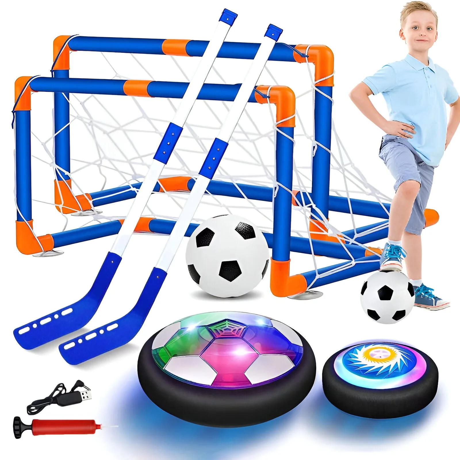 3-in-1 Kids Hover Soccer Ball with LED Lights & Hockey Set