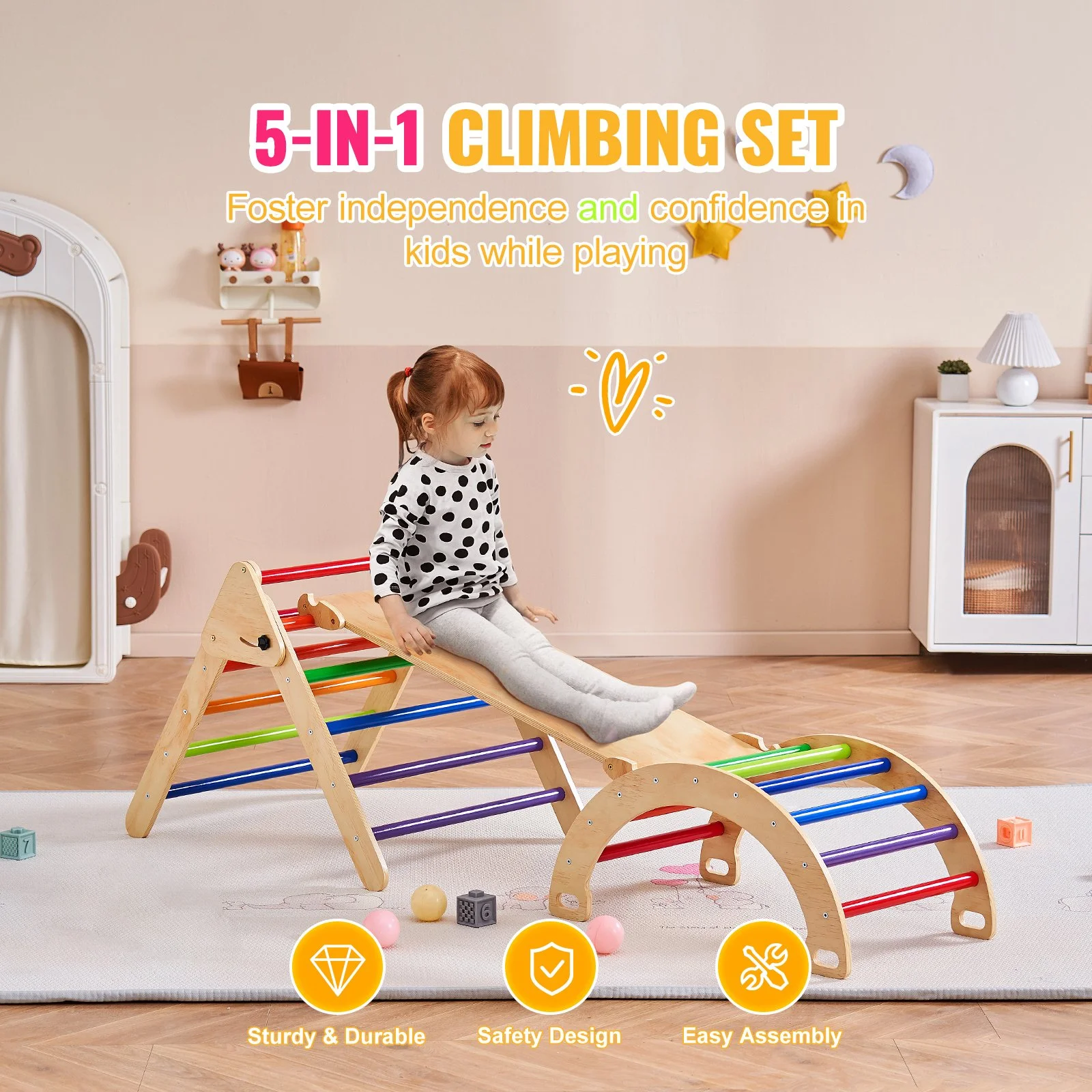 5-in-1 Toddler Climbing Set Indoor Playground Wooden Pikler Triangle