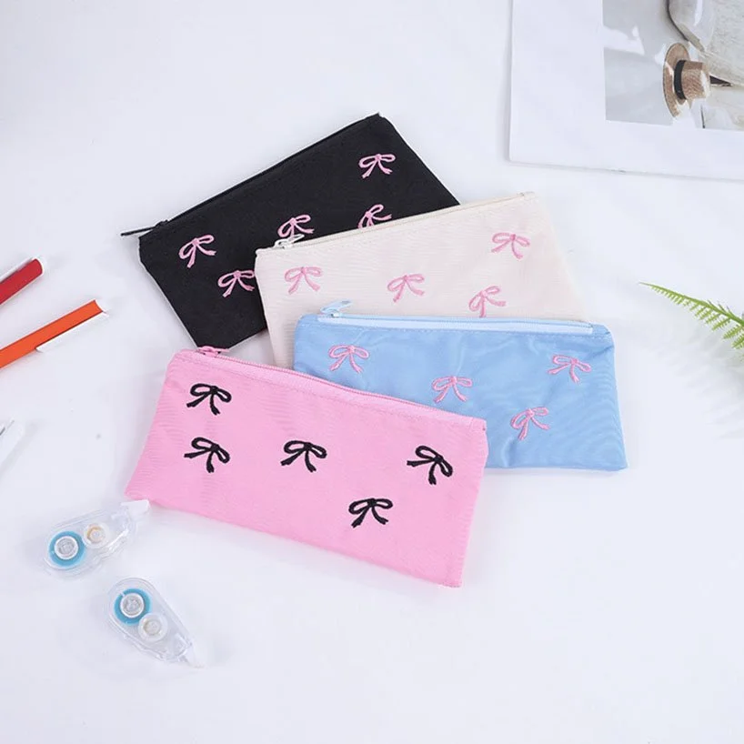 Cute Bow Pencil Case - Stylish Canvas Pouch for School and Office
