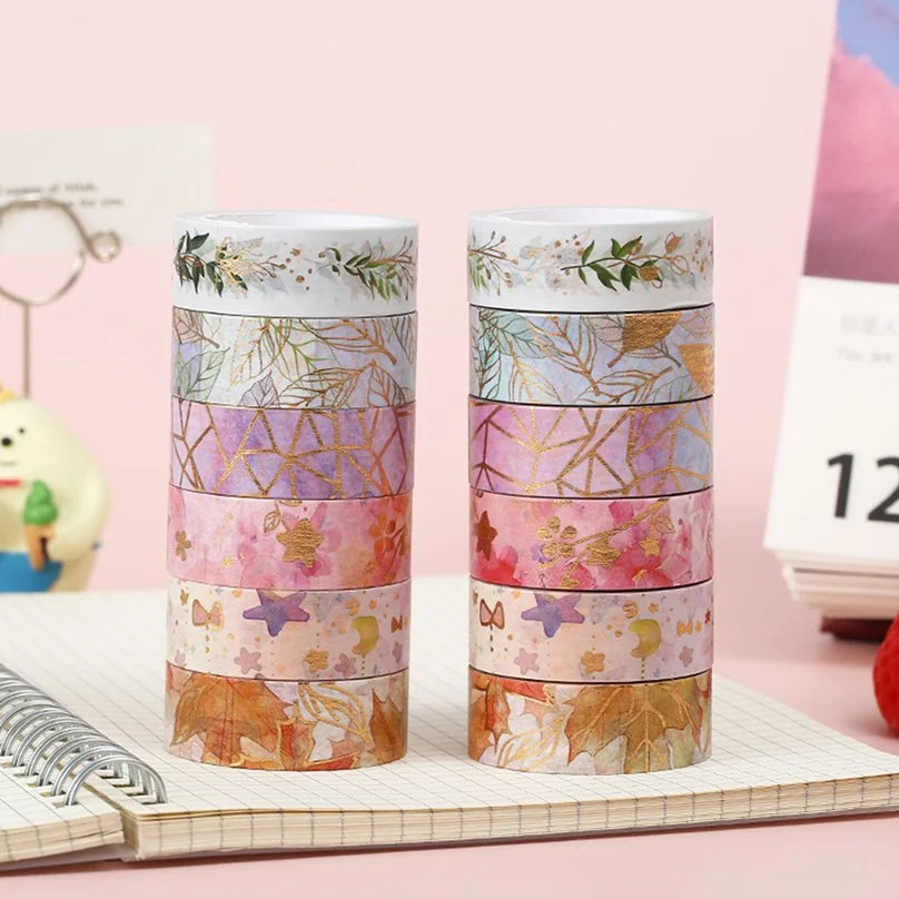 6 Rolls Sakura Gold Foil Washi Tape Set for Journaling & Scrapbooking