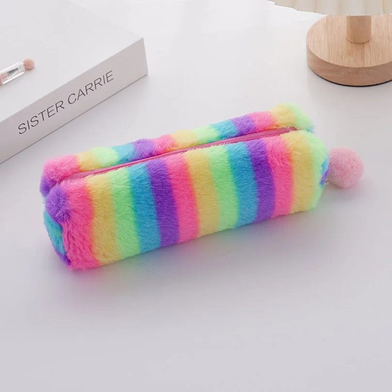 Rainbow Plush Gradient Pencil Case - Large Capacity Cute School Pouch