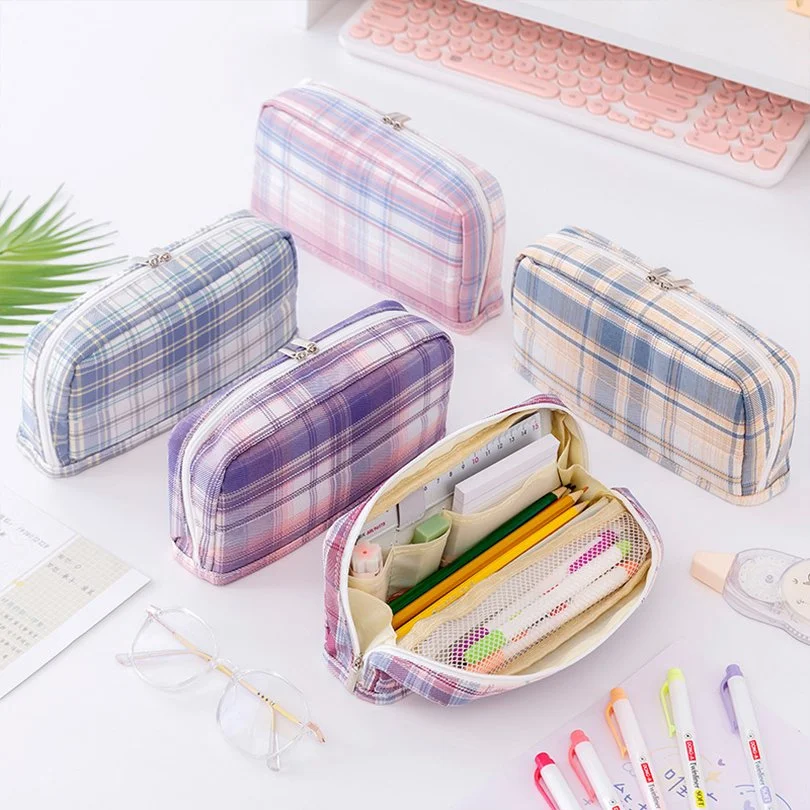 Canvas Grid Pencil Case – Stylish School & Office Pen Bag