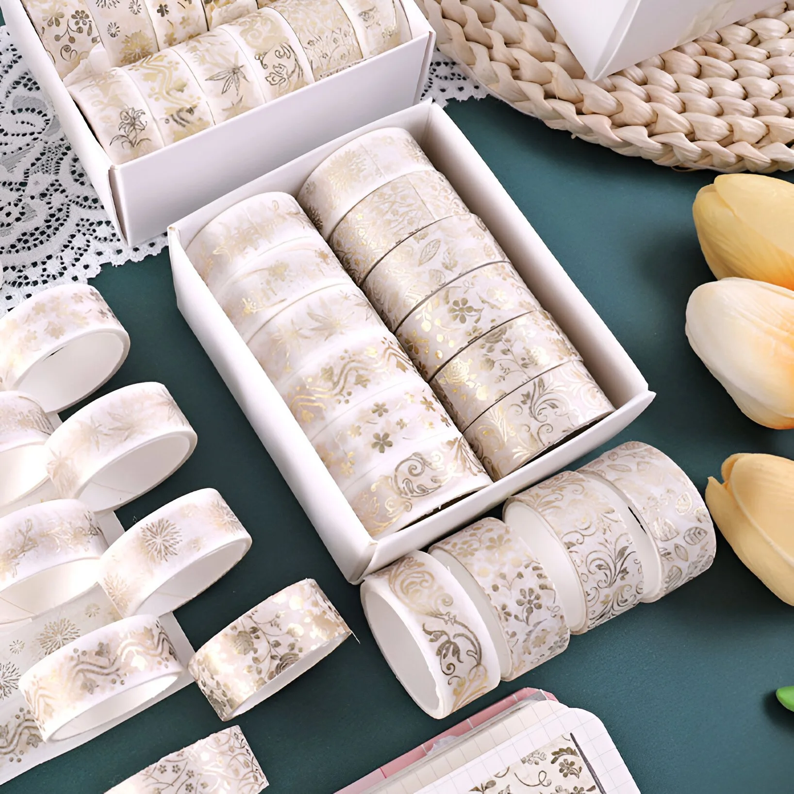 12 Rolls Gold Foil Plant Washi Tape Set for Scrapbooking & DIY Crafts