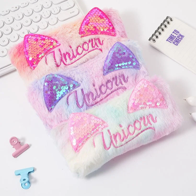 Unicorn Plush Sequin Pencil Case – Cute School & Office Stationery Pouch