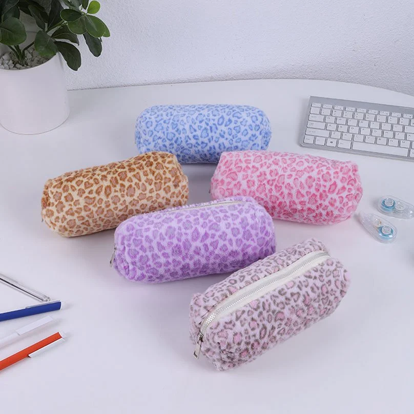 Leopard Print Plush Pencil Case for Girls - Large Capacity School Supplies Bag