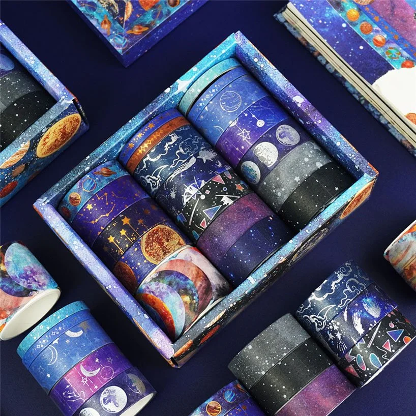 19 Rolls Galaxy Washi Tape Set with Gold Foil for Scrapbooking & Crafts