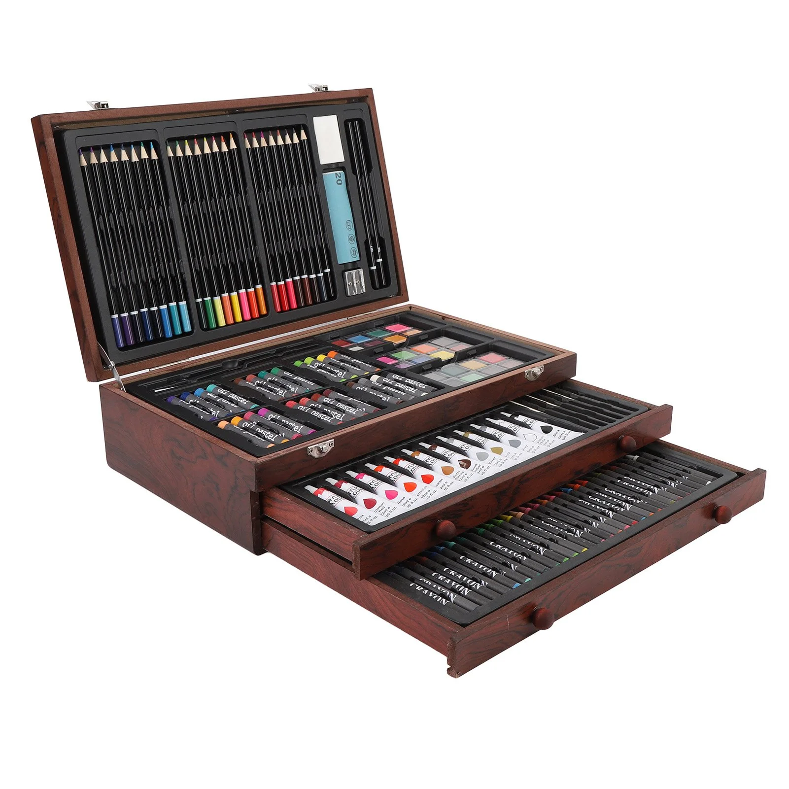 Wooden Art Set with Colored Pencils, Crayons, Oil Pastels & Sketchbooks