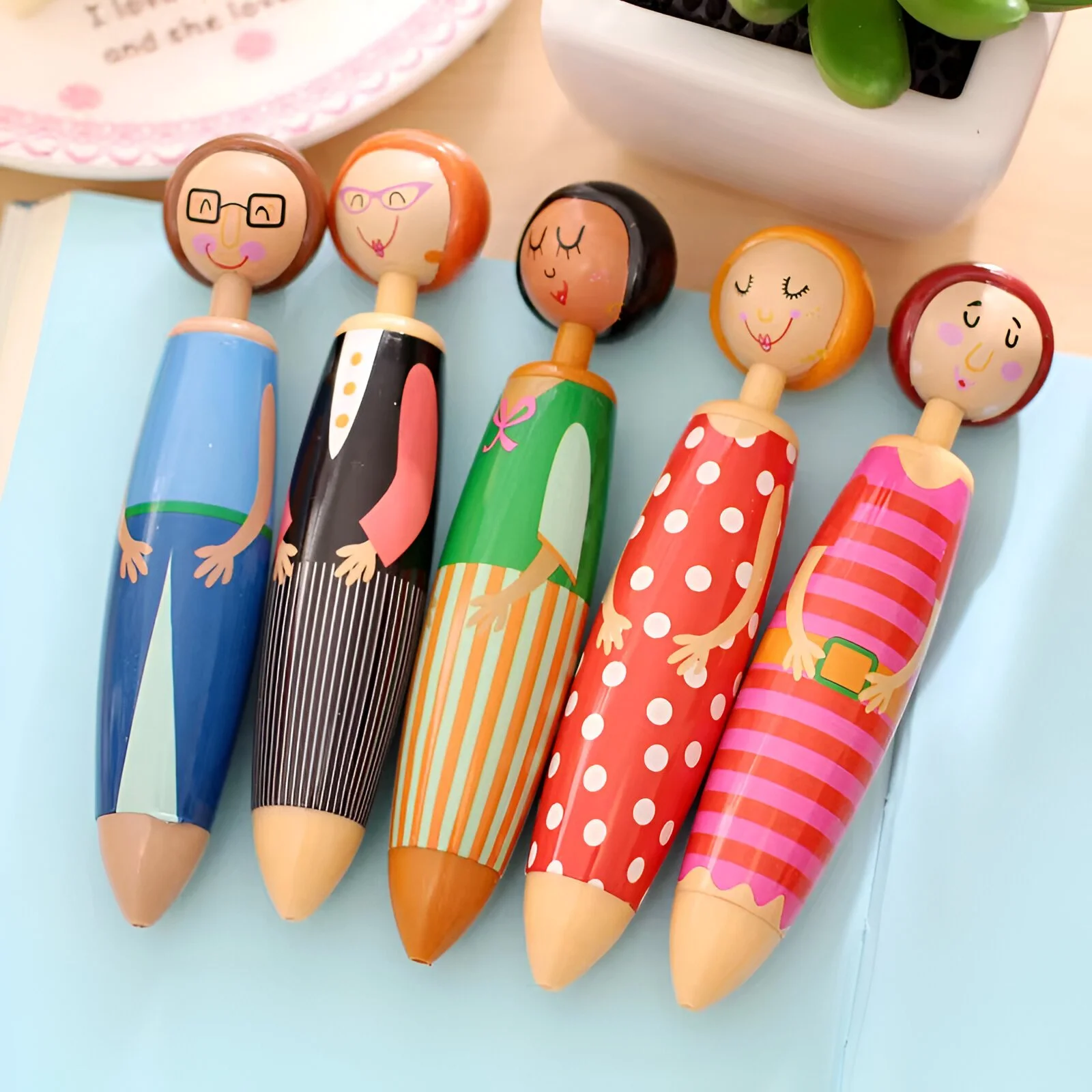 5pcs Cute Doll Ballpoint Pens Set - Blue Ink, 0.7mm Fine Point, Office & School Supplies