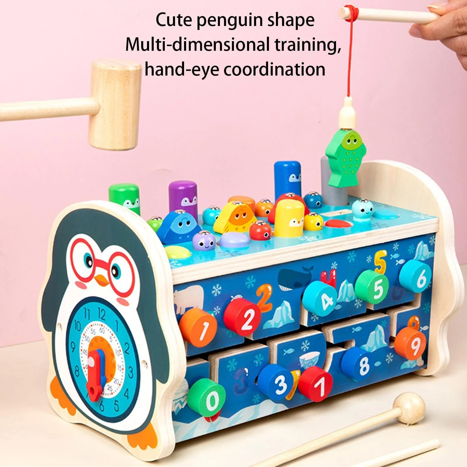 Montessori Magnetic Fishing Owl Cube Clock Hammer Game Puzzle for Kids