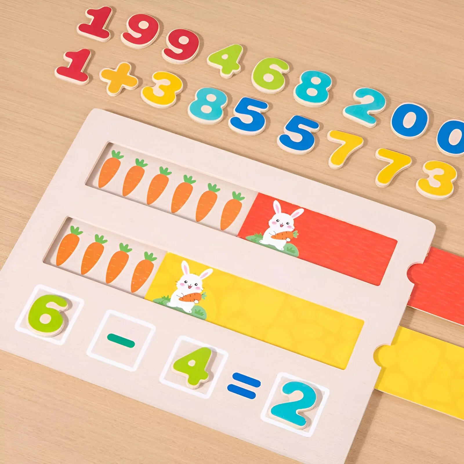 Wooden Math Toy Cartoon Rabbit Carrot Educational Toy for Kids - Addition & Subtraction Board