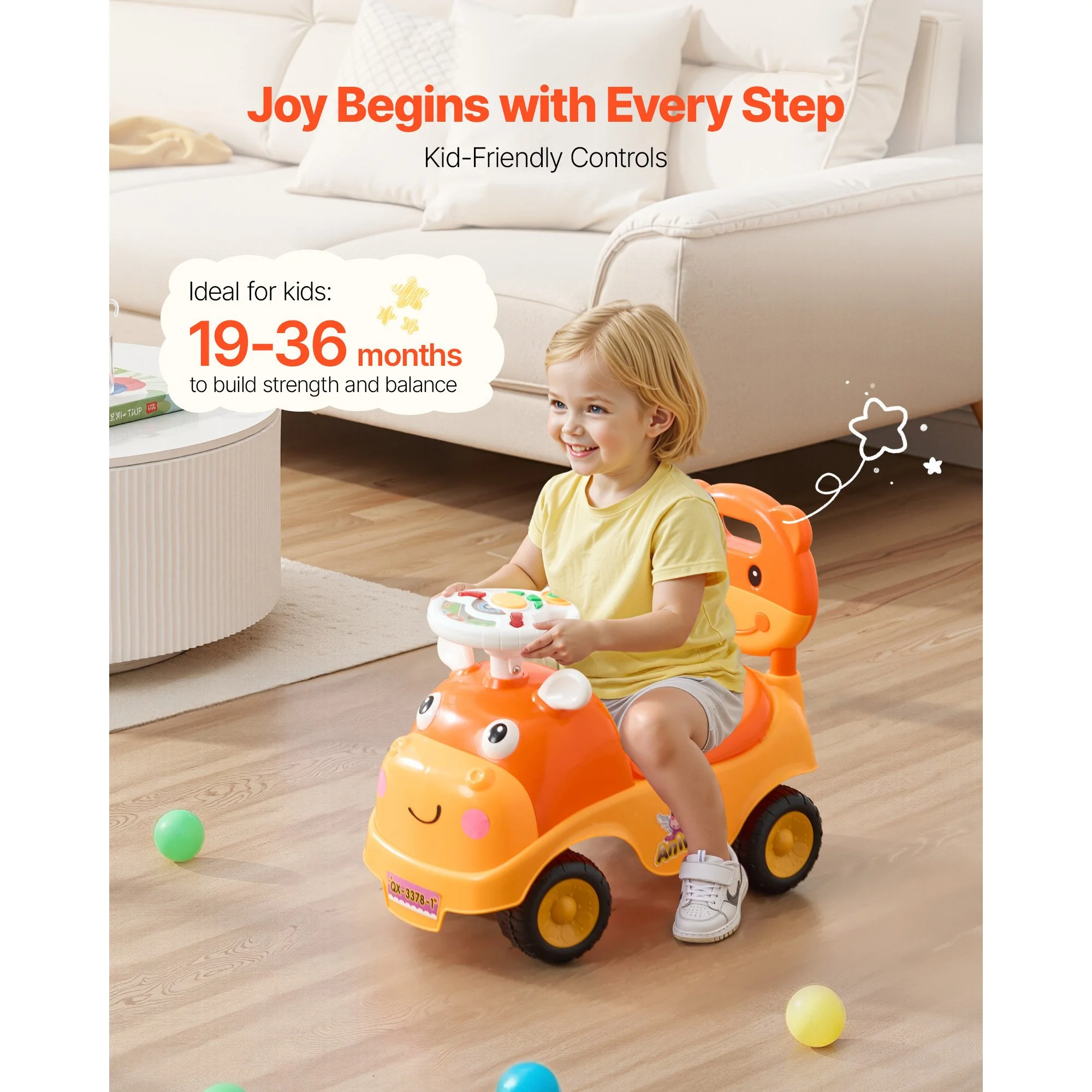 Ride-On Push Car for Toddlers with Music, Horn & Storage (19–36 Months)