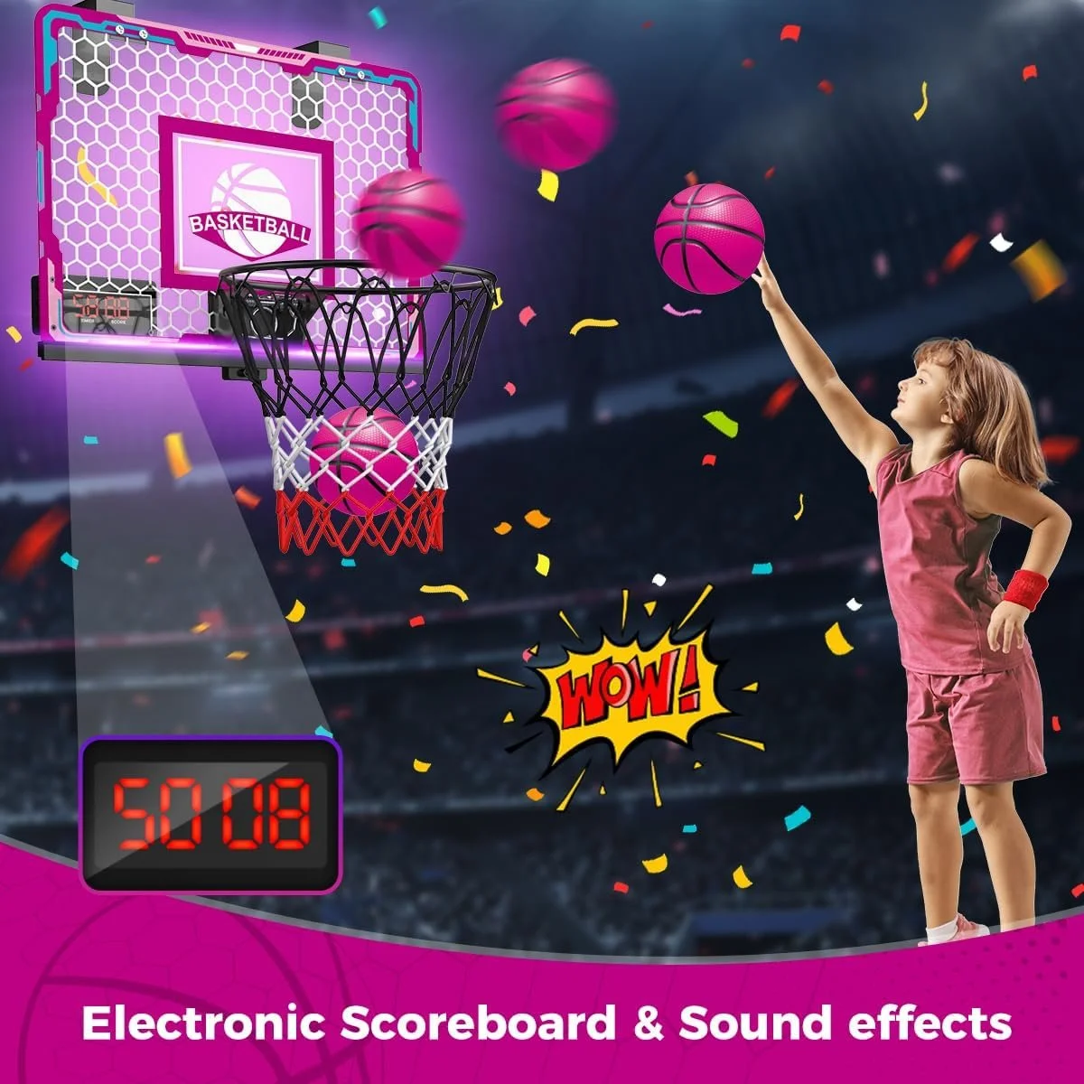 Pink LED Indoor Basketball Hoop with Electronic Scoreboard for Kids