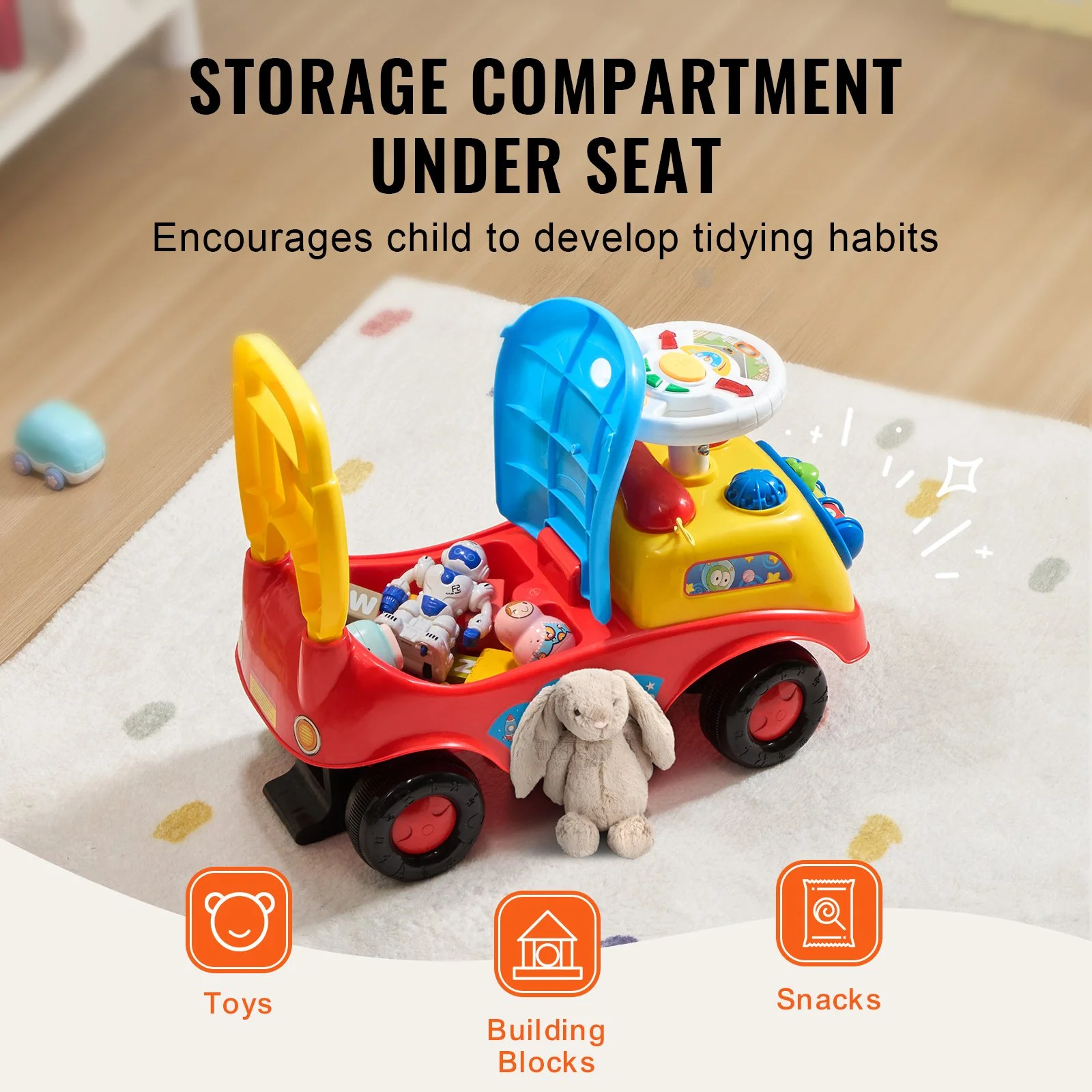 Kids Ride-On Push Car with Music, Storage Seat & Anti-Tip Design