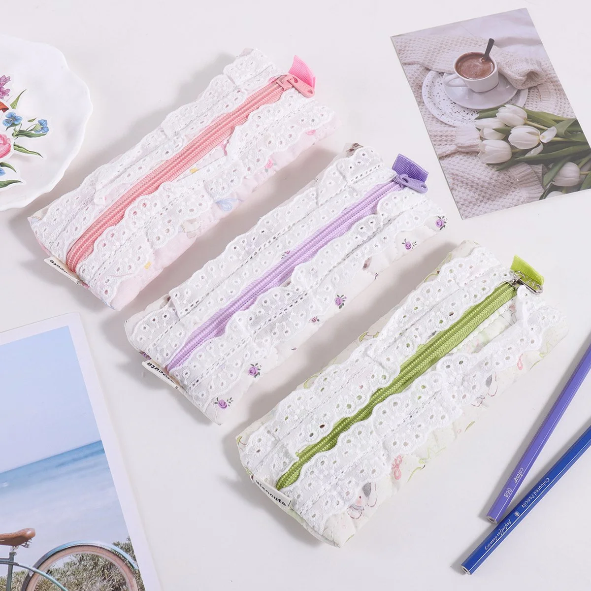 Embroidered Lace Cartoon Pencil Pouch – Cute Stationery Case