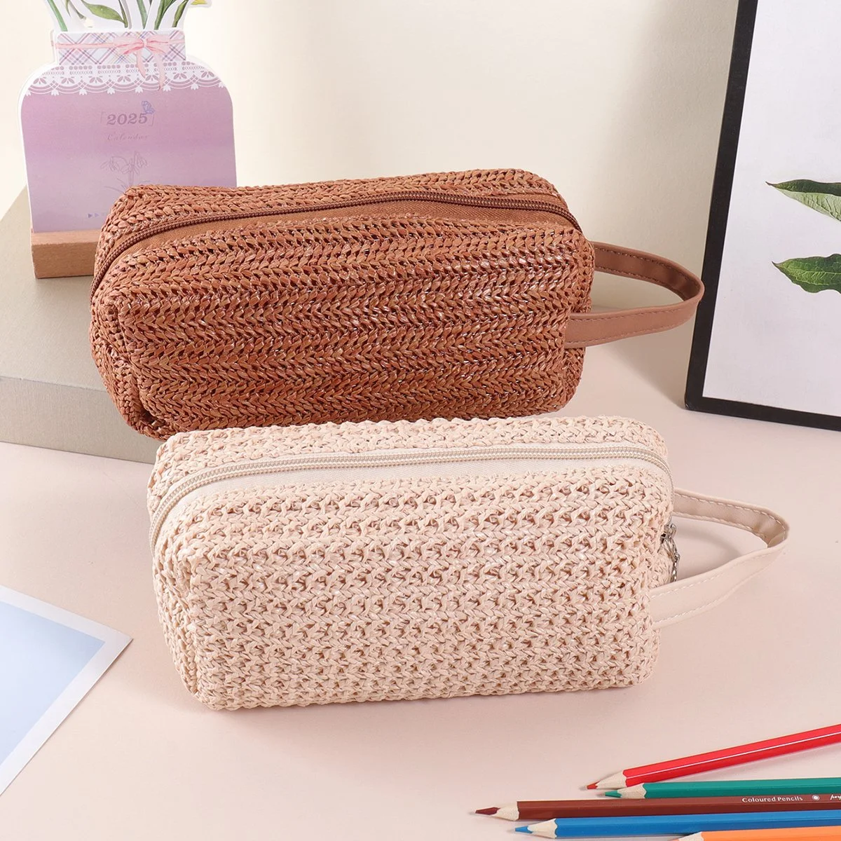 Vintage Woven-Style Pencil Case with Large Capacity Desk Organizer
