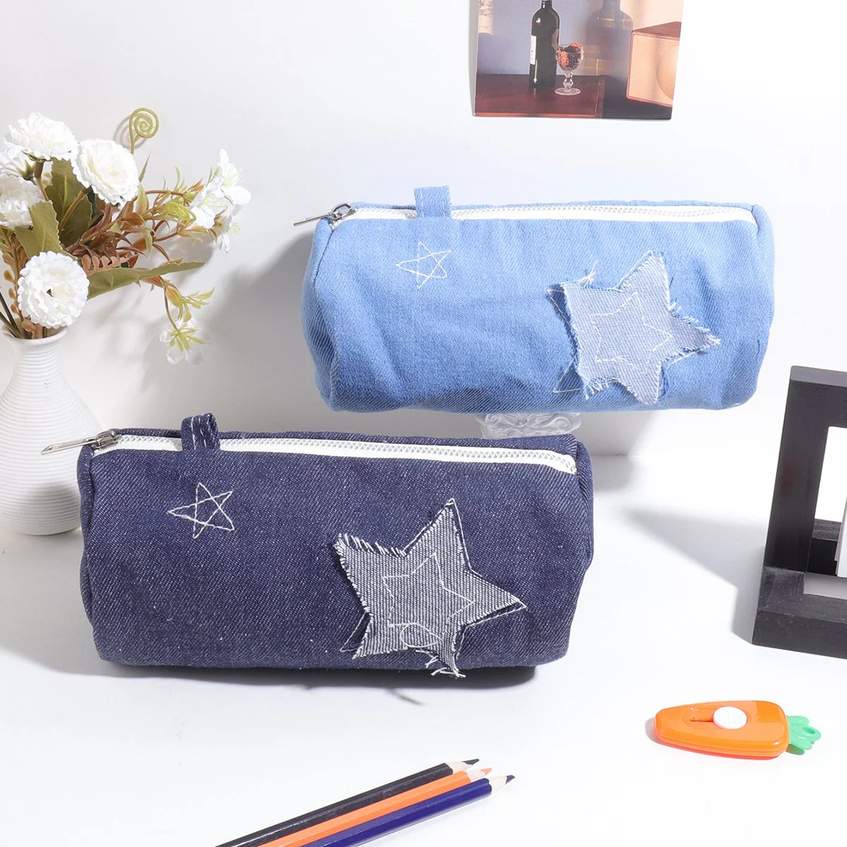 Korean Denim Star Pencil Case – Cute Aesthetic School Supply Organizer