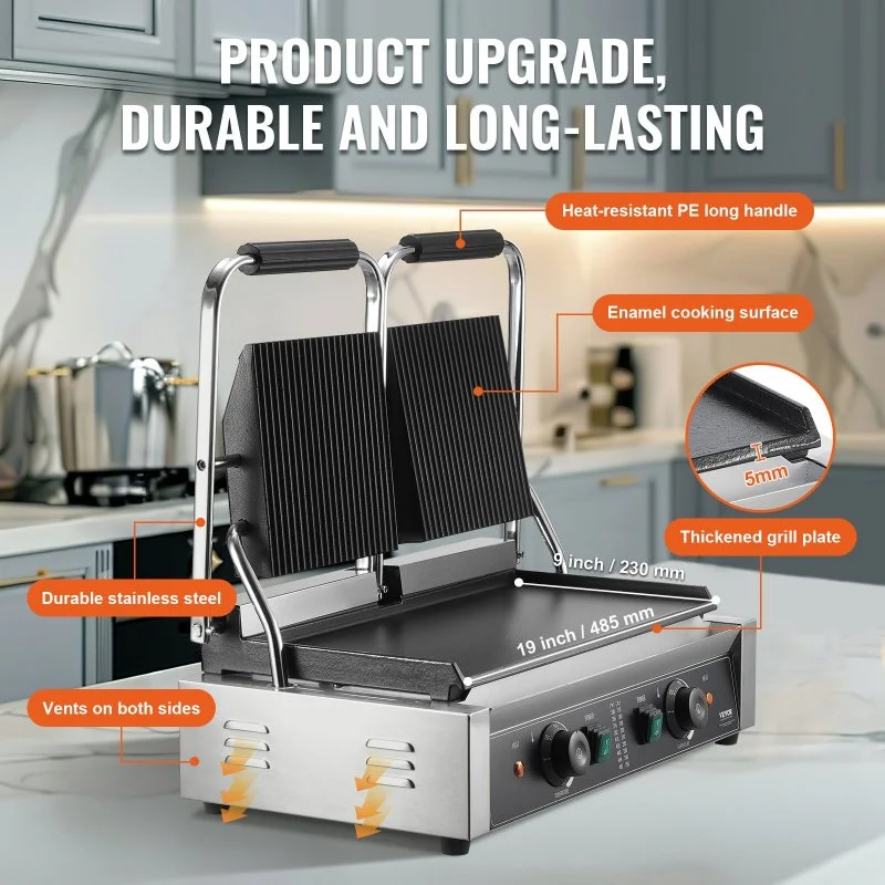 Commercial Panini Grill 3600W Double Electric Sandwich Press with Temp Control