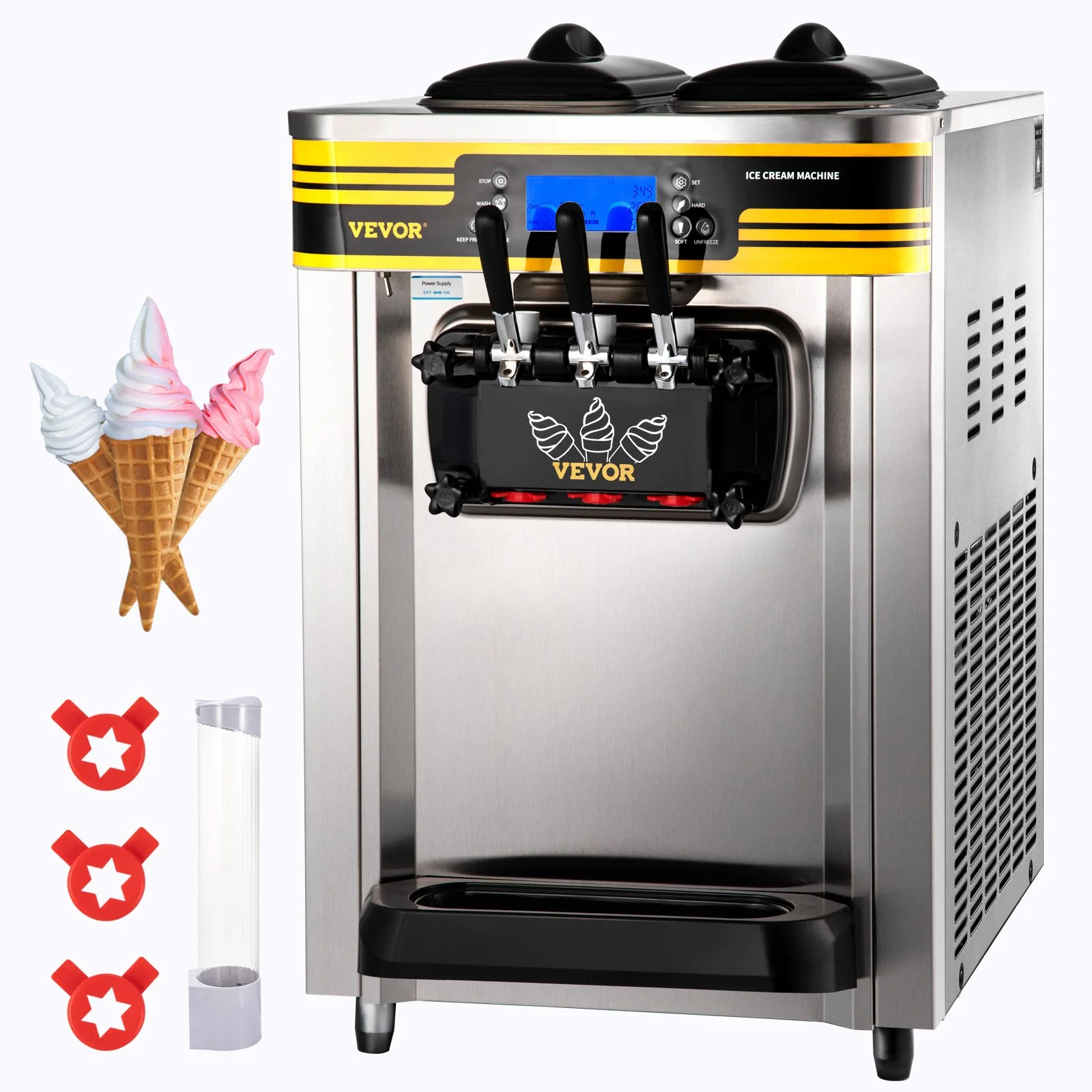 Commercial Countertop Soft Ice Cream Maker, 22-30L/H, 3 Flavors