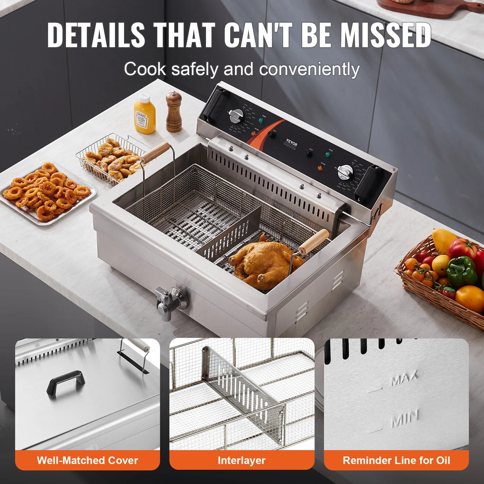3000W Commercial Electric Deep Fryer with 30.6Qt Capacity, Stainless Steel