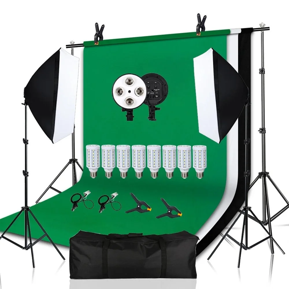 20W Studio Lighting Kit with Softbox, Tripod, and Green Screen Backdrop