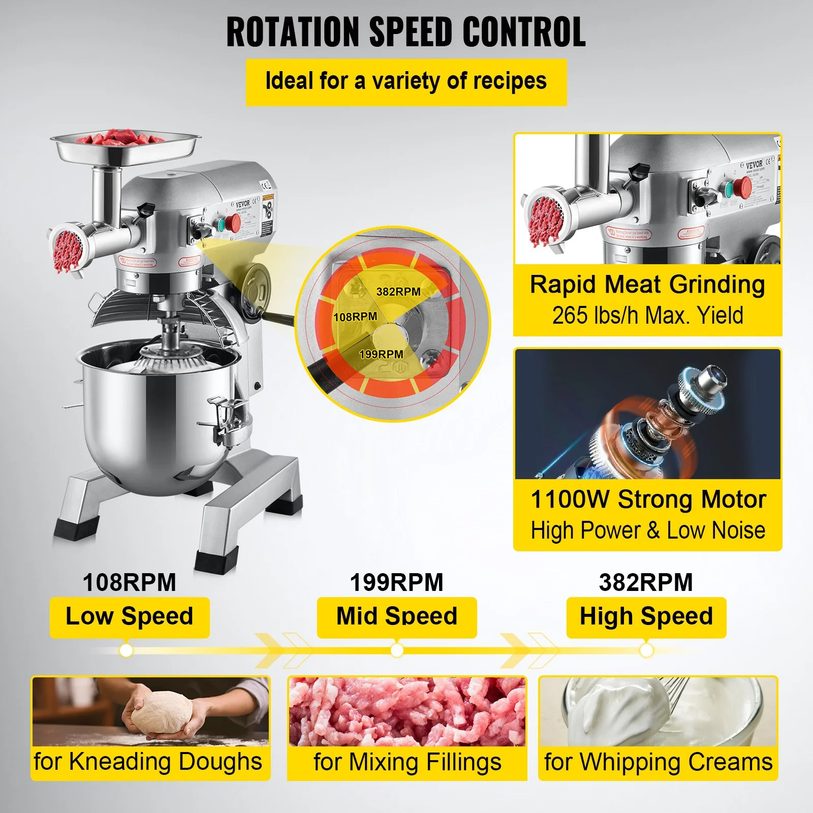 20Qt Commercial Stand Mixer 1100W Electric Dough & Food Mixer with Meat Grinder
