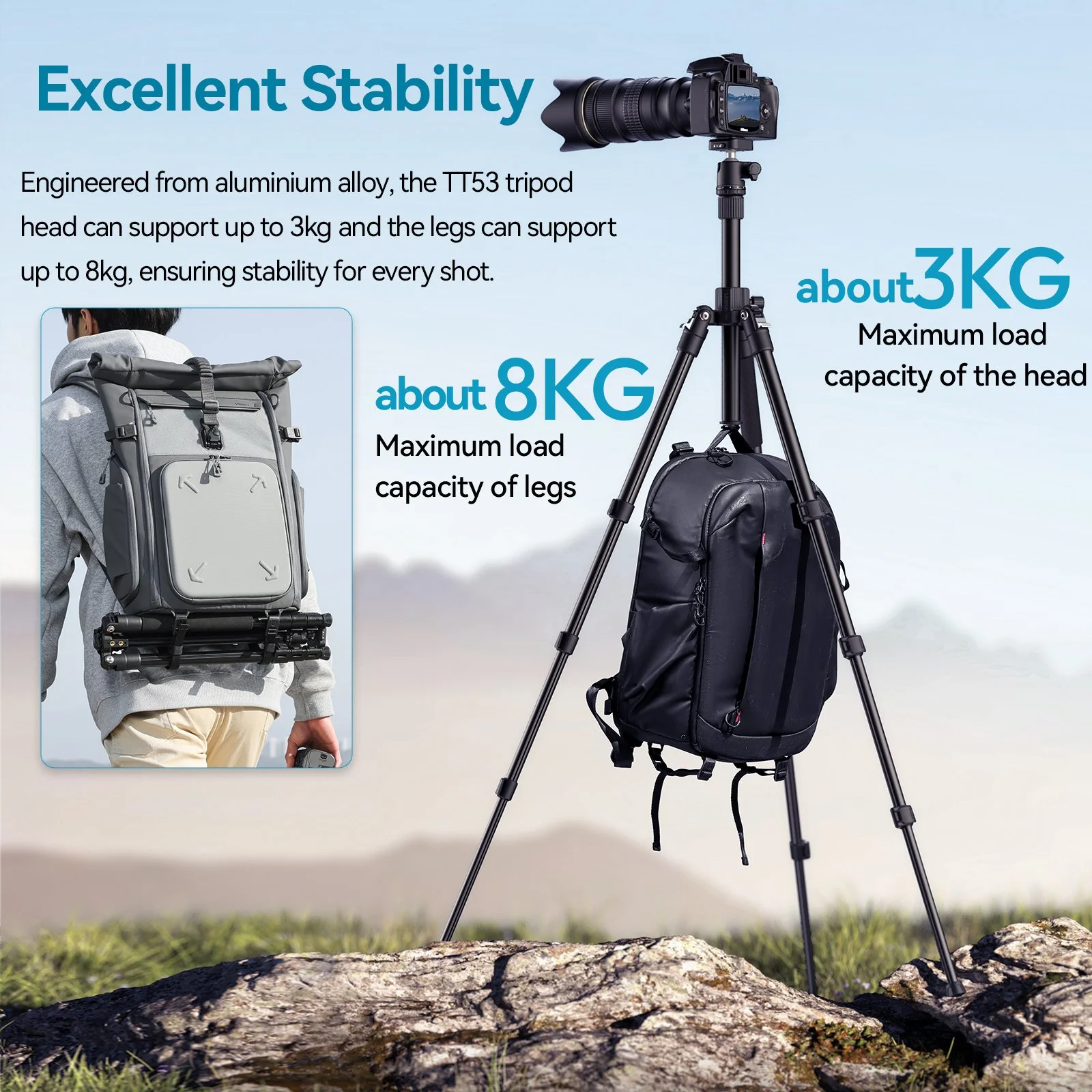 Phone & Camera Tripod Stand 71" Adjustable with 360° Pan Quick Release