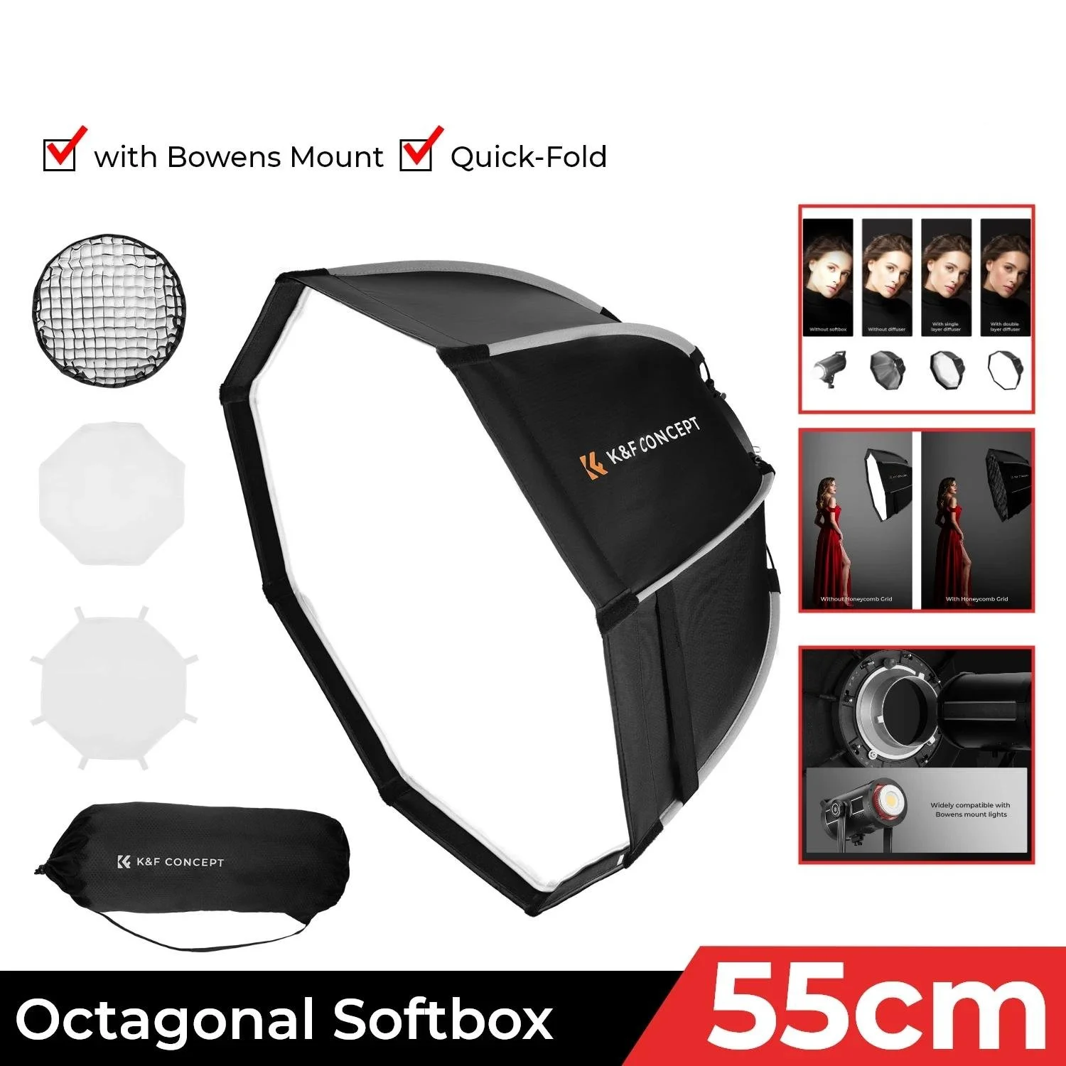 22" Octagonal Softbox with Honeycomb Grid - Bowens Mount