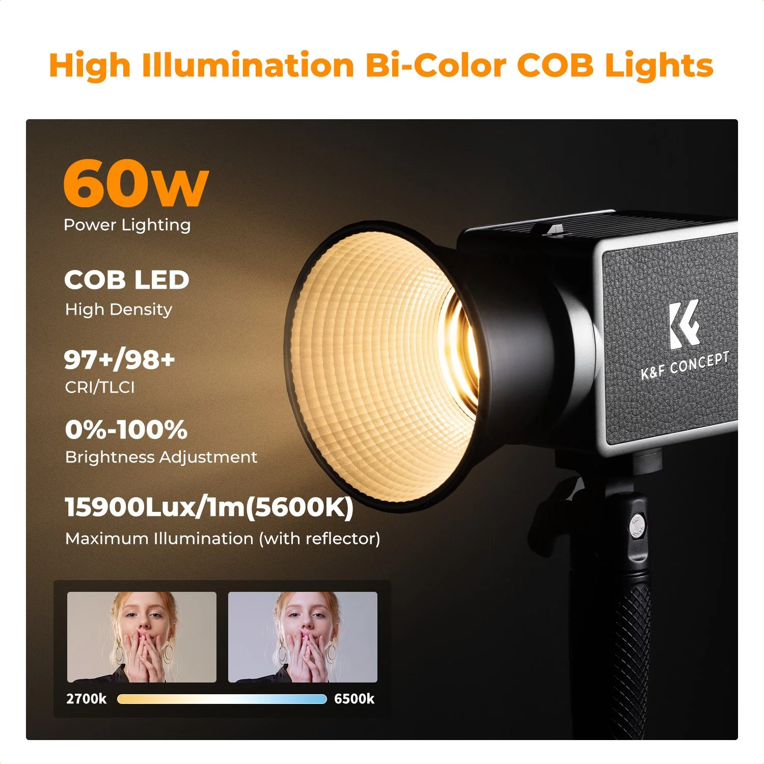 60W COB Video Light with Battery & 12 Effects - Type-C Charging