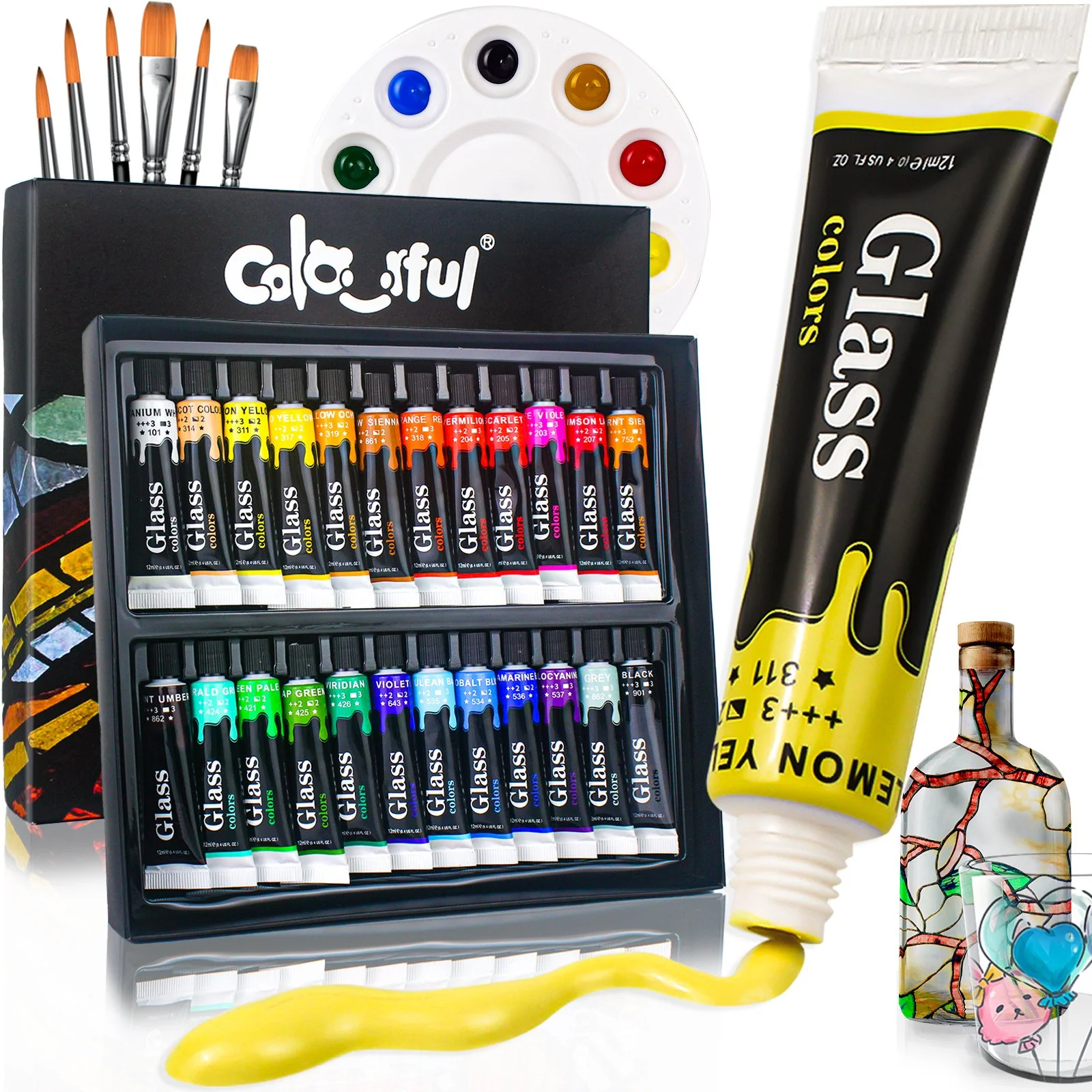 Stain Glass Paint Set with Brushes and Palette