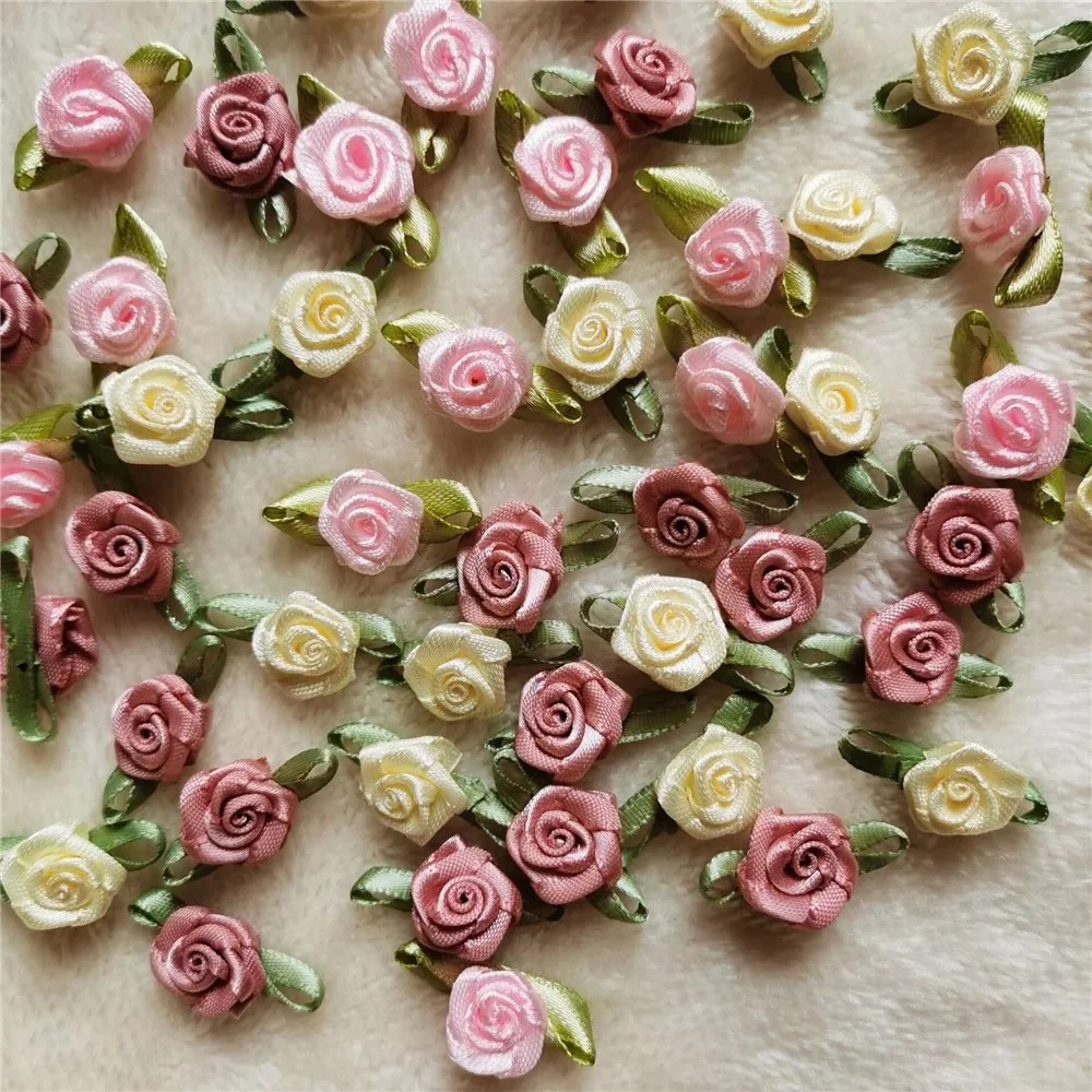 100PCS Mini Satin Ribbon Rose Appliques