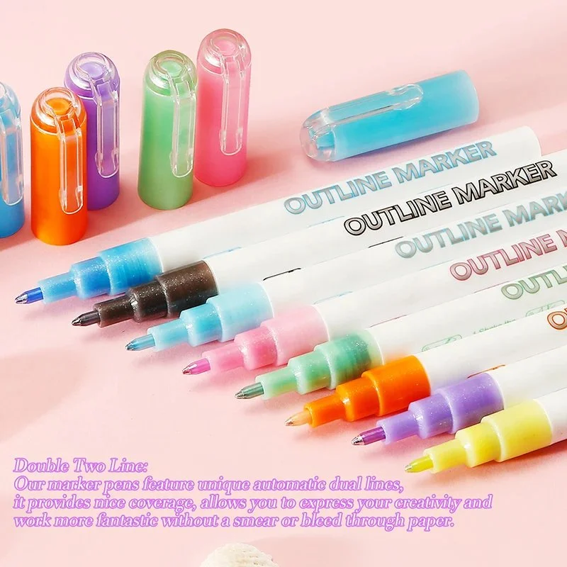Double Line Glitter Marker Pens – 8 Colors Fluorescent Outline Set for DIY Crafts, Card Writing, and Drawing